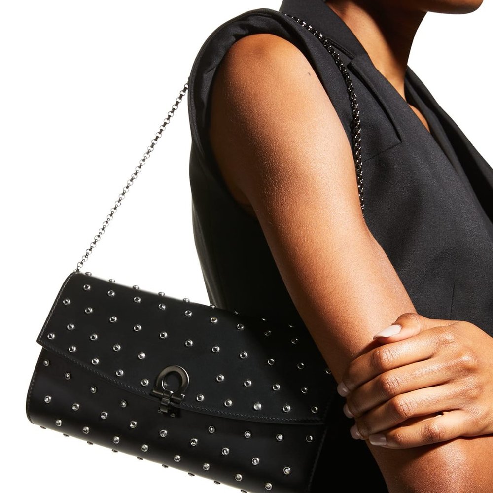 NWT Salvatore Ferragamo Gancini Clip Black Leather Studded Mini Bag Clutch - Picture 7 of 10